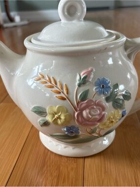 Vintage 1930’s 40’s  Porcelier Vitreous Teapot Raised Floral Design